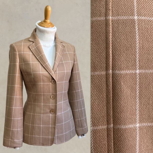 Vintage Talbots Wool Cashmere Tan Brown Plaid Windowpane Blazer Jacket Women 10P - Picture 1 of 11